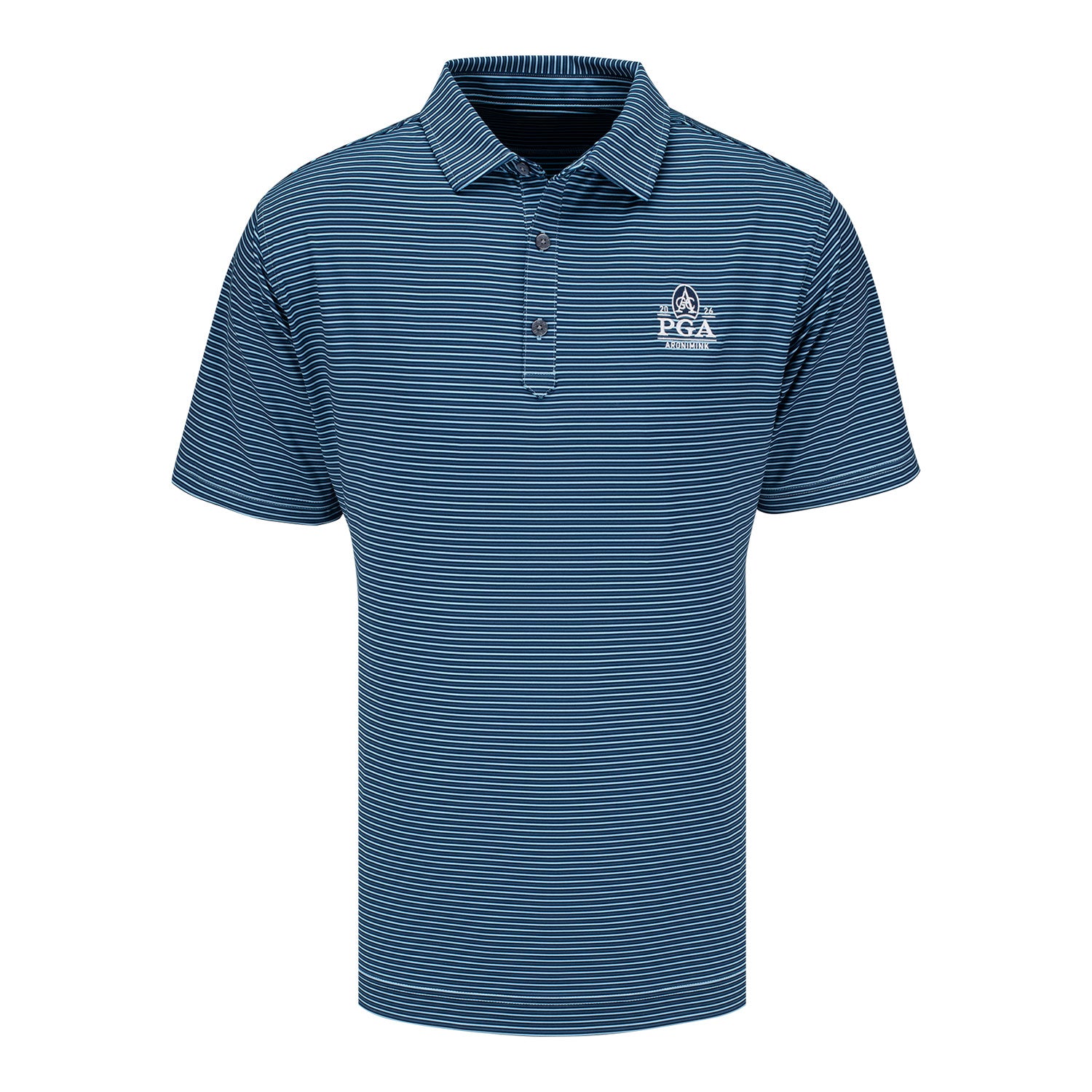 FootJoy 2026 PGA Championship Smooth Stripe Polo in Navy, Tonal Navy, and Light Blue - Front View