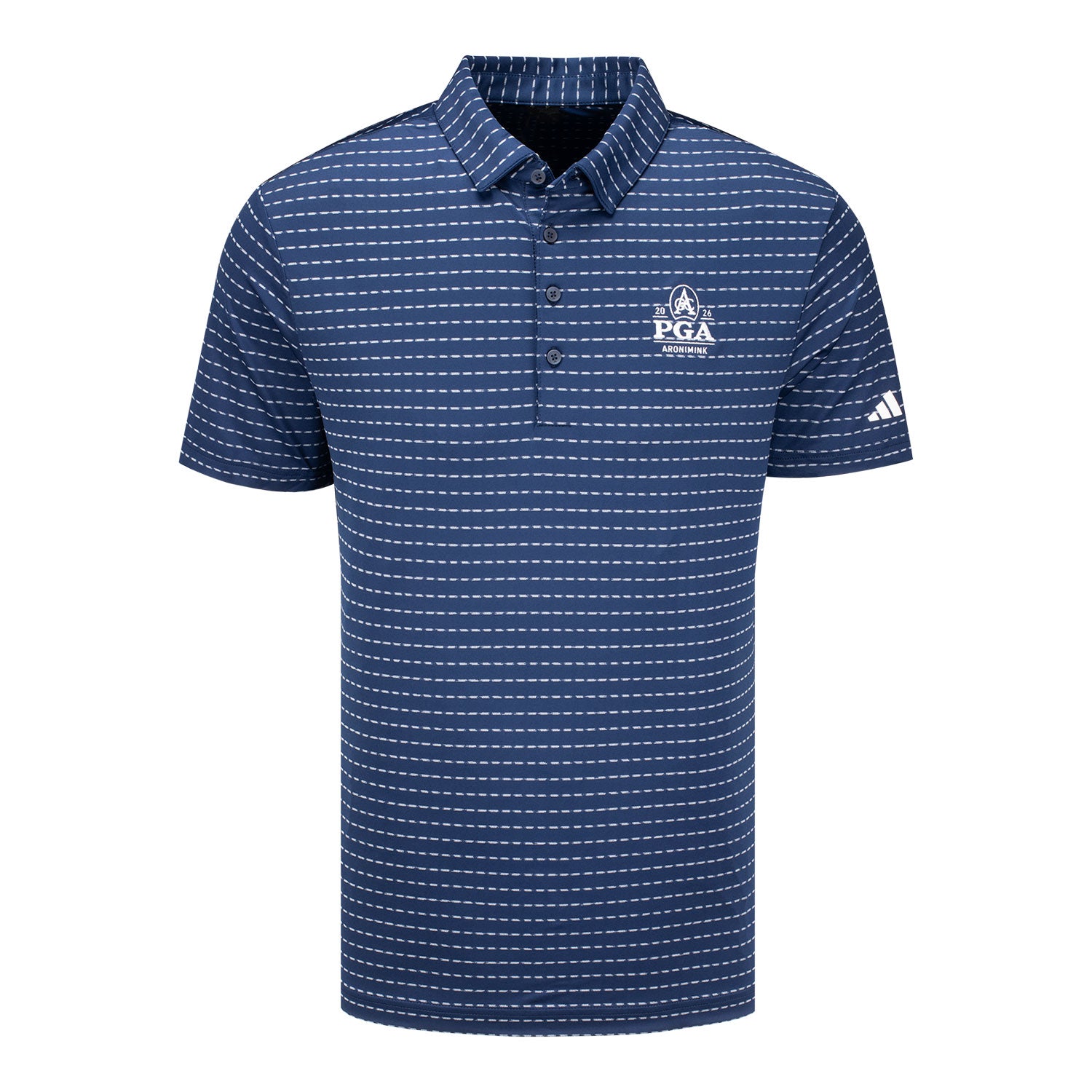 Adidas 2026 PGA Championship Ultimate365+ Dash Stripe Polo in Collegiate Navy - Front View