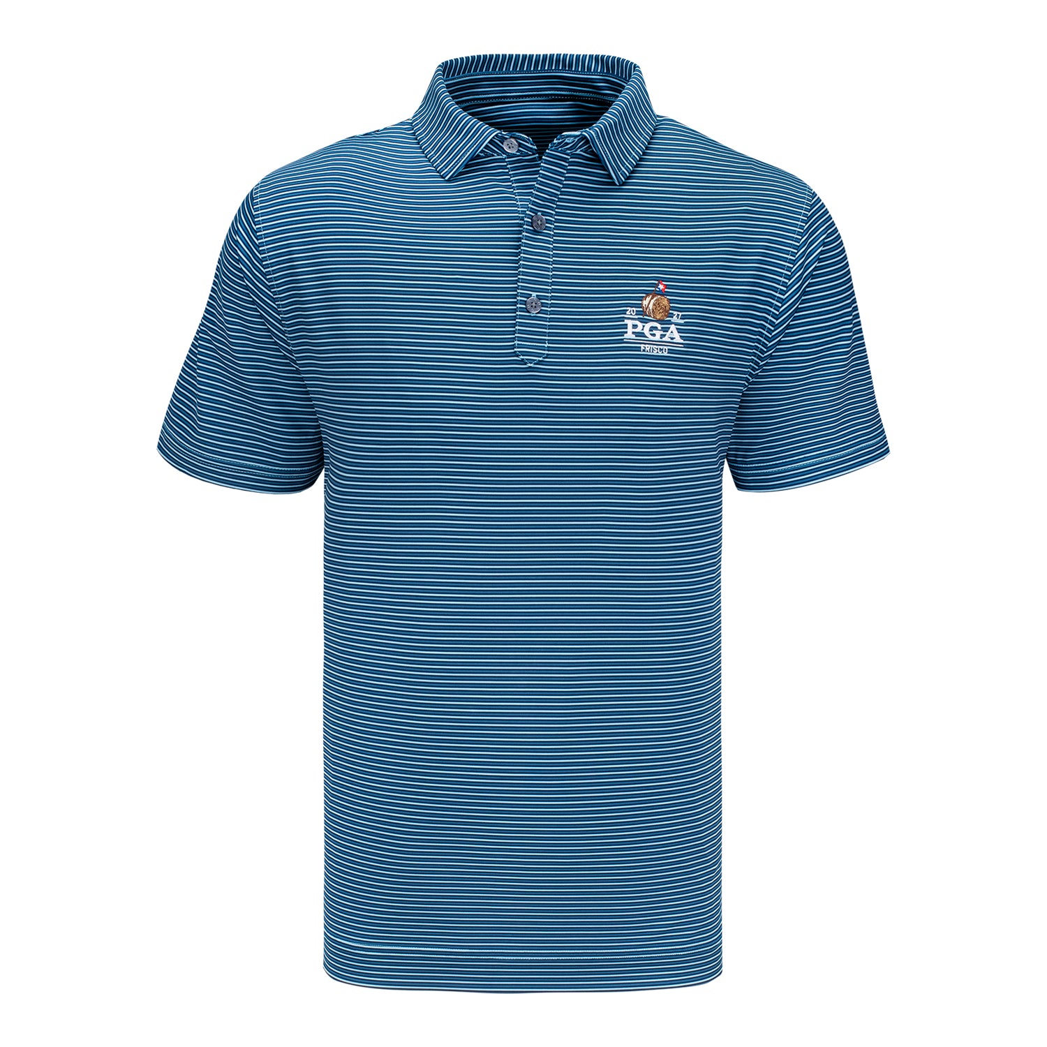 FootJoy 2027 PGA Championship Smooth Stripe Polo in Navy, Tonal Navy, and Light Blue - Front View
