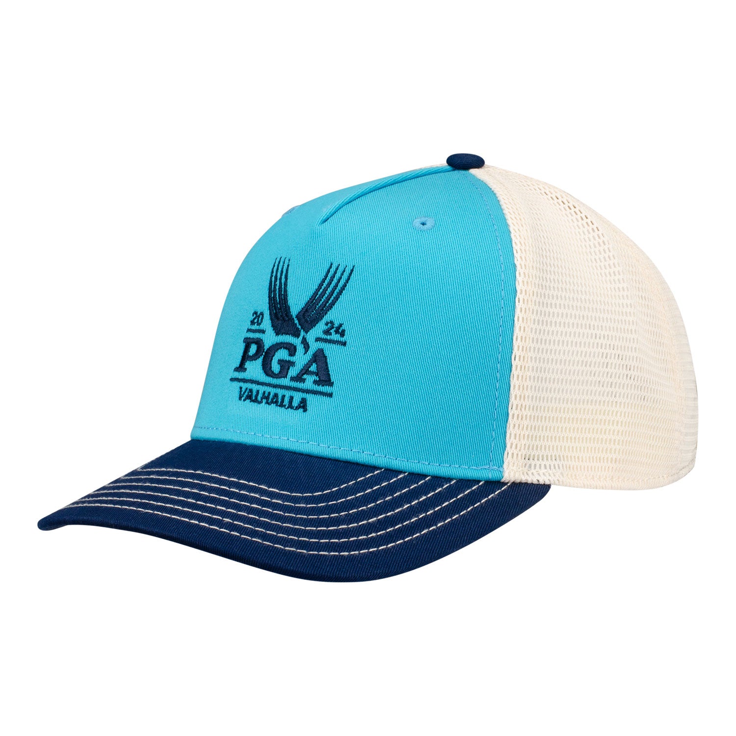 Ahead 2024 PGA Championship Wave Rider Tri-Color Meshback Hat in Teal - Angled Front Right View
