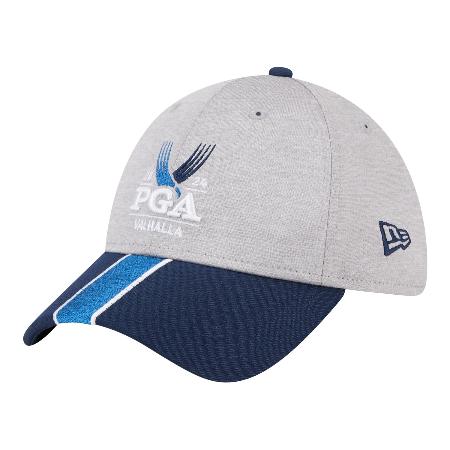 New Era 2024 PGA Championship Two Tone Hat with Stripe in Grey and Blue - Angled Front Left View