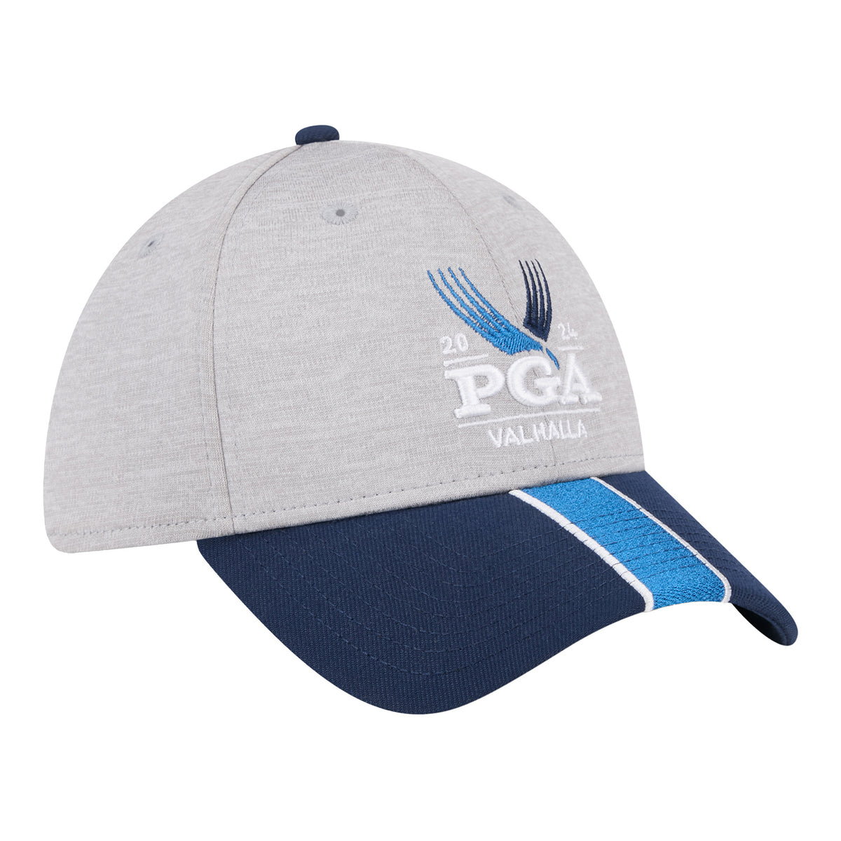 New Era 2024 PGA Championship Two Tone Hat with Stripe in Grey and Blue - Angled Front Right View