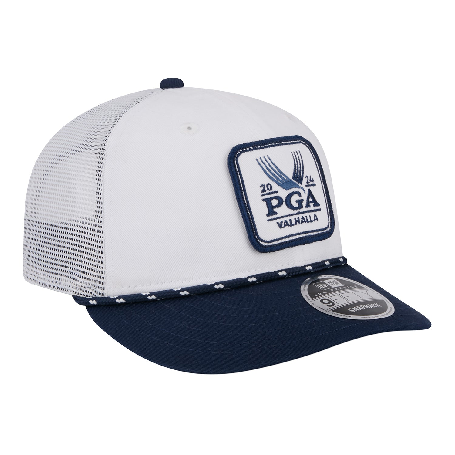 New Era 2024 PGA Championship Trucker Hat in Grey and Navy - Angled Front Left View