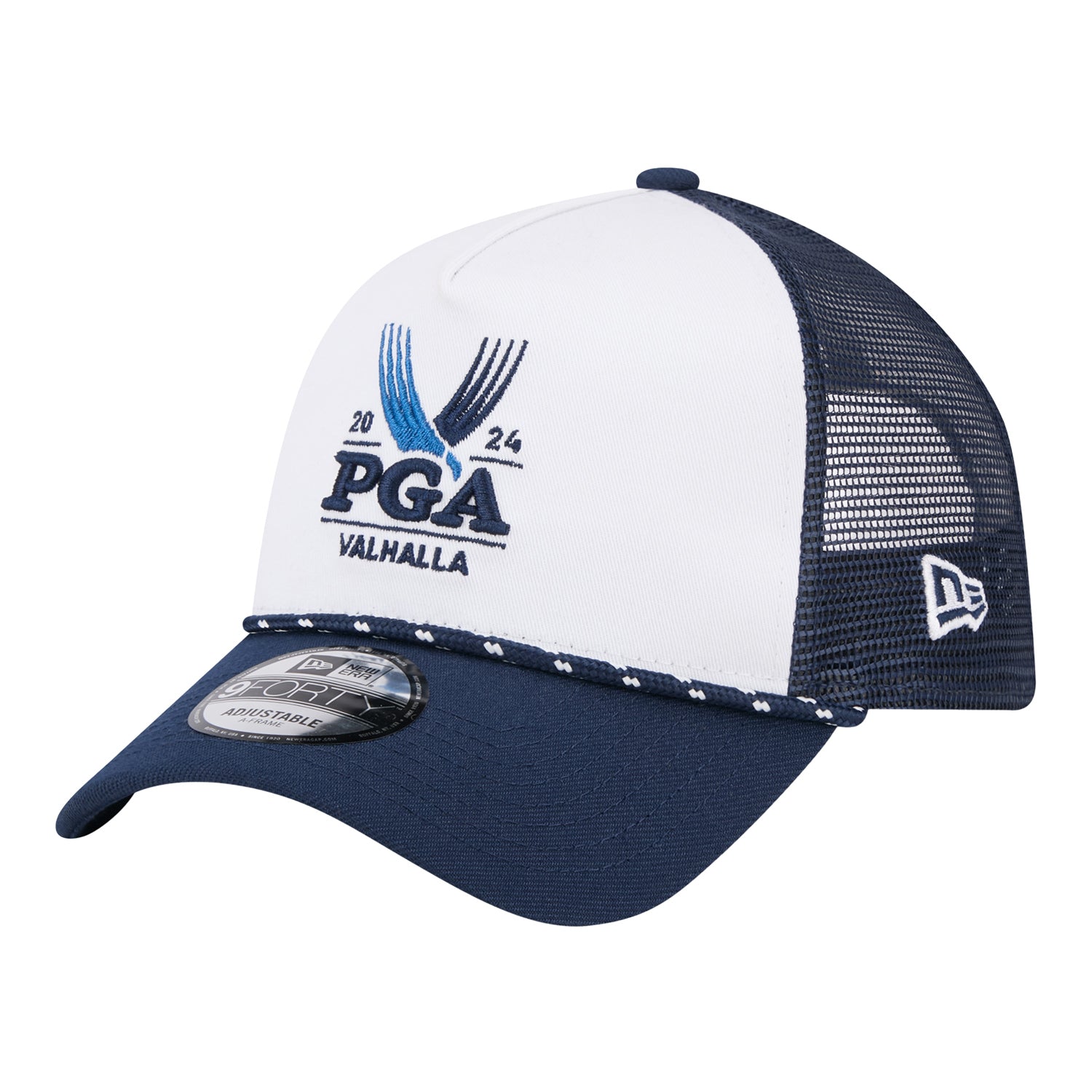 New Era 2024 PGA Championship Adjustable Trucker Hat in White and Navy - Angled Front Left View