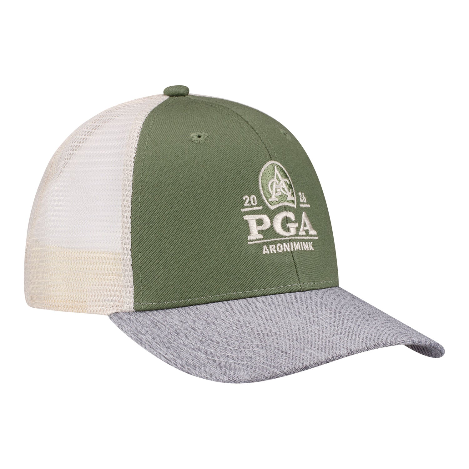 Ahead 2026 PGA Championship Classic Fit Mesh Back Brant Hat in Green, Grey, and Tan - Angled Front Left View