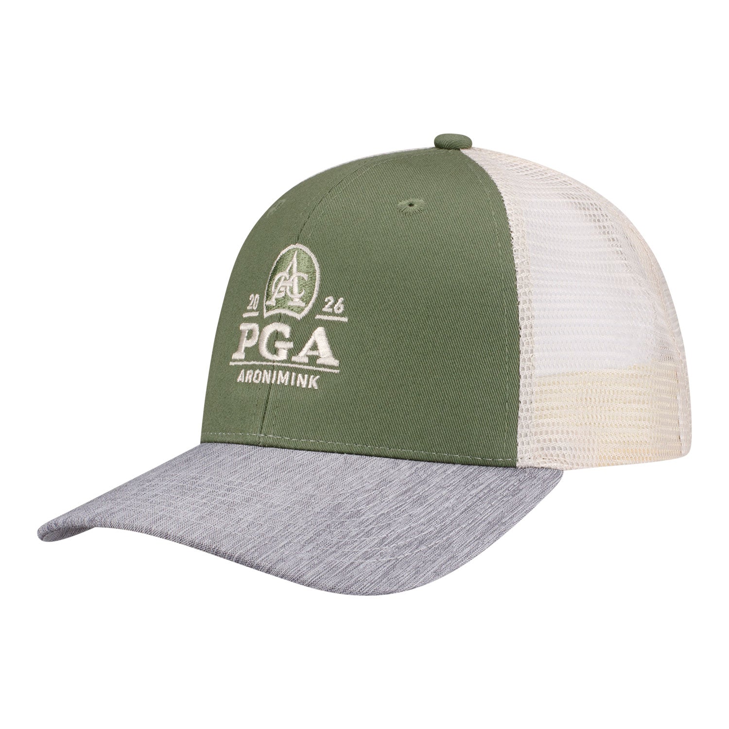Ahead 2026 PGA Championship Classic Fit Mesh Back Brant Hat in Green, Grey, and Tan - Angled Front Left View