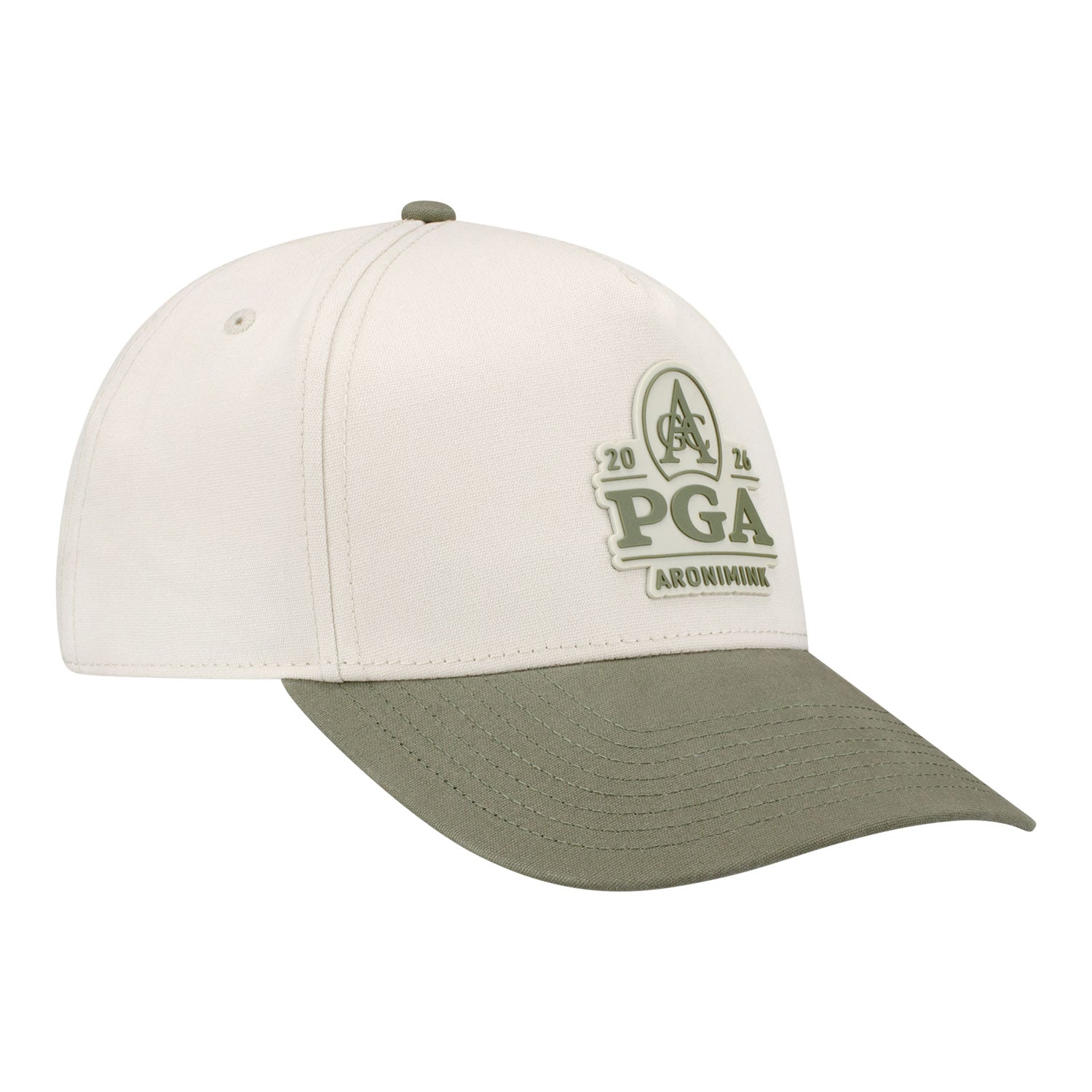 Branded Bills 2026 PGA Championship Curved 5 Panel Canvas Hat in Beige and Green - Angled Front Left View