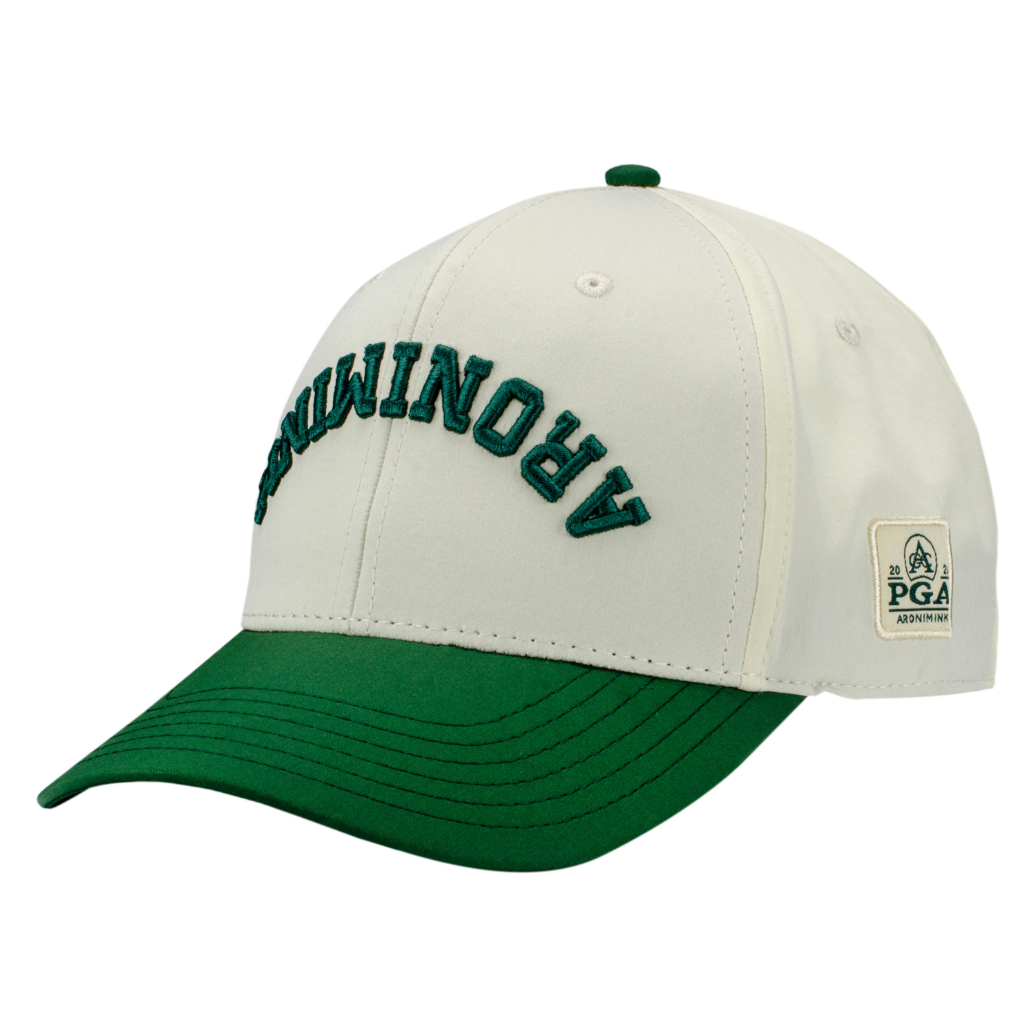 Pukka 2026 PGA Championship Two Toned Flipped Aronimink Hat in Forest Green and Cream - Angled Front Left View