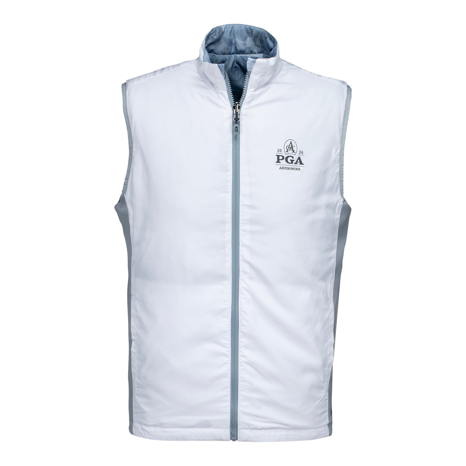 Sunice 2026 PGA Championship Element Shield Thermal Hybrid Reversible Vest in White and Magnesium Camo - Front View
