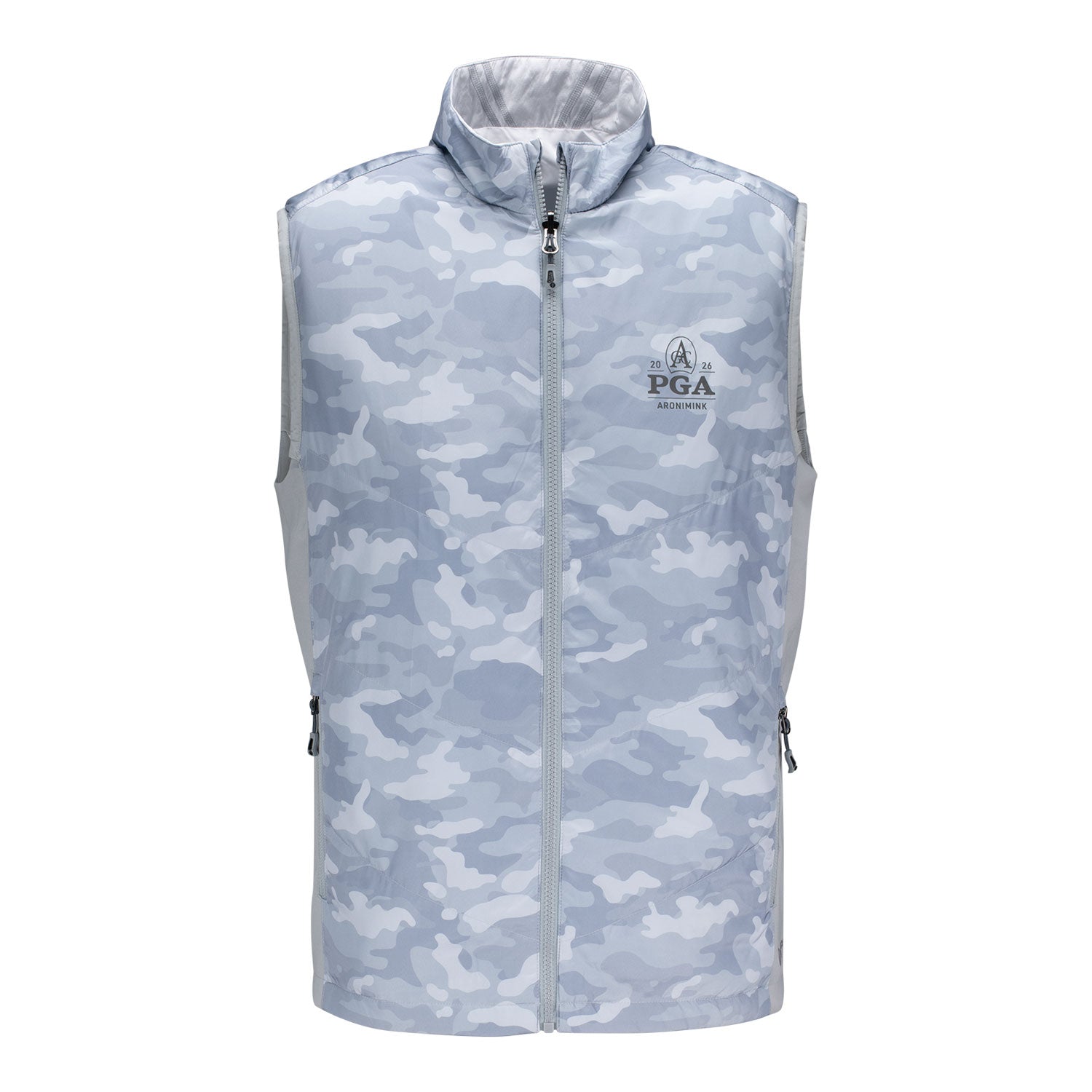 Sunice 2026 PGA Championship Element Shield Thermal Hybrid Reversible Vest in White and Magnesium Camo - Front View