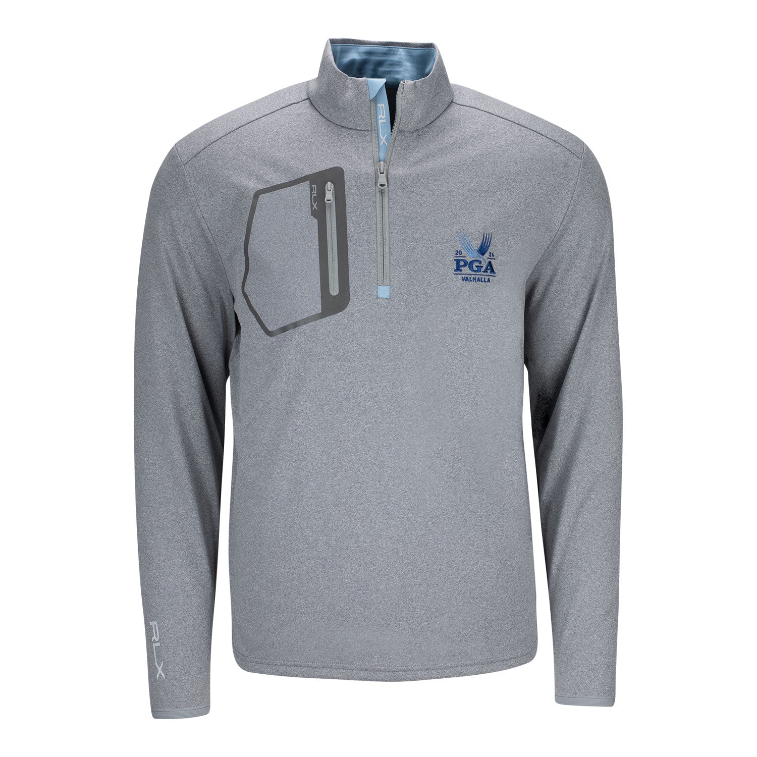 Ralph Lauren 2024 PGA Championship Men's Luxury Performance Jersey Knit Quarter Zip Pullover in Steel Heather - Front View