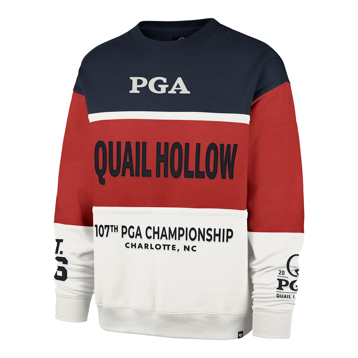 &#39;47 Brand 2025 PGA Championship On Five Maximalist Crew Sweatshirt in Atlas Blue, Racer Red, and White - Front View