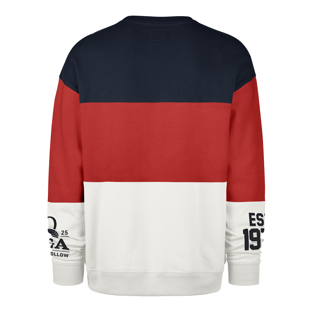 &#39;47 Brand 2025 PGA Championship On Five Maximalist Crew Sweatshirt in Atlas Blue, Racer Red, and White - Back View