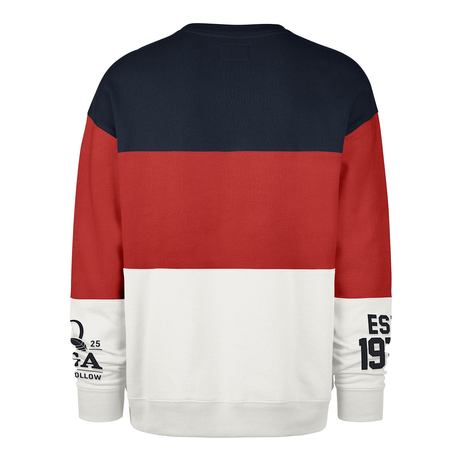 '47 Brand 2025 PGA Championship On Five Maximalist Crew Sweatshirt in Atlas Blue, Racer Red, and White - Front View