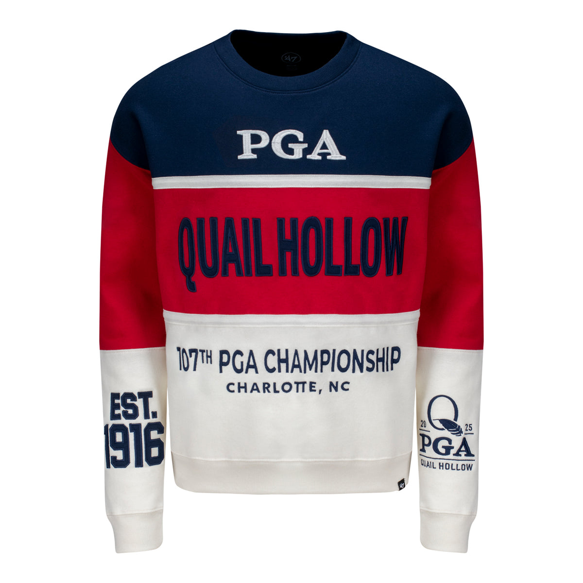 &#39;47 Brand 2025 PGA Championship On Five Maximalist Crew Sweatshirt in Atlas Blue, Racer Red, and White - Front View