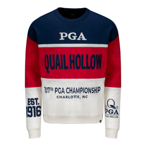 '47 Brand 2025 PGA Championship On Five Maximalist Crew Sweatshirt in Atlas Blue, Racer Red, and White - Front View