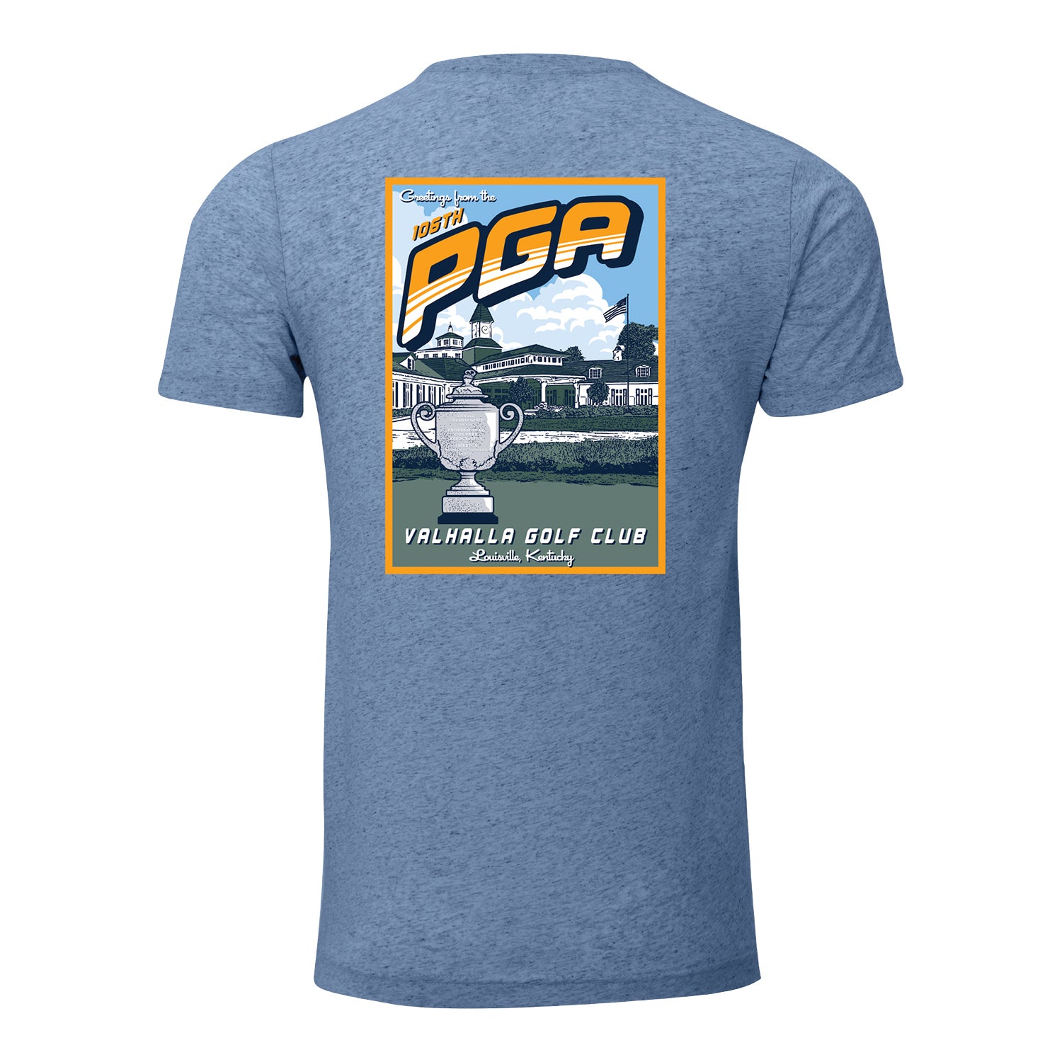 Ahead 2024 PGA Championship Valhalla Travel Poster Triblend T-Shirt in Heather Blue - Front View