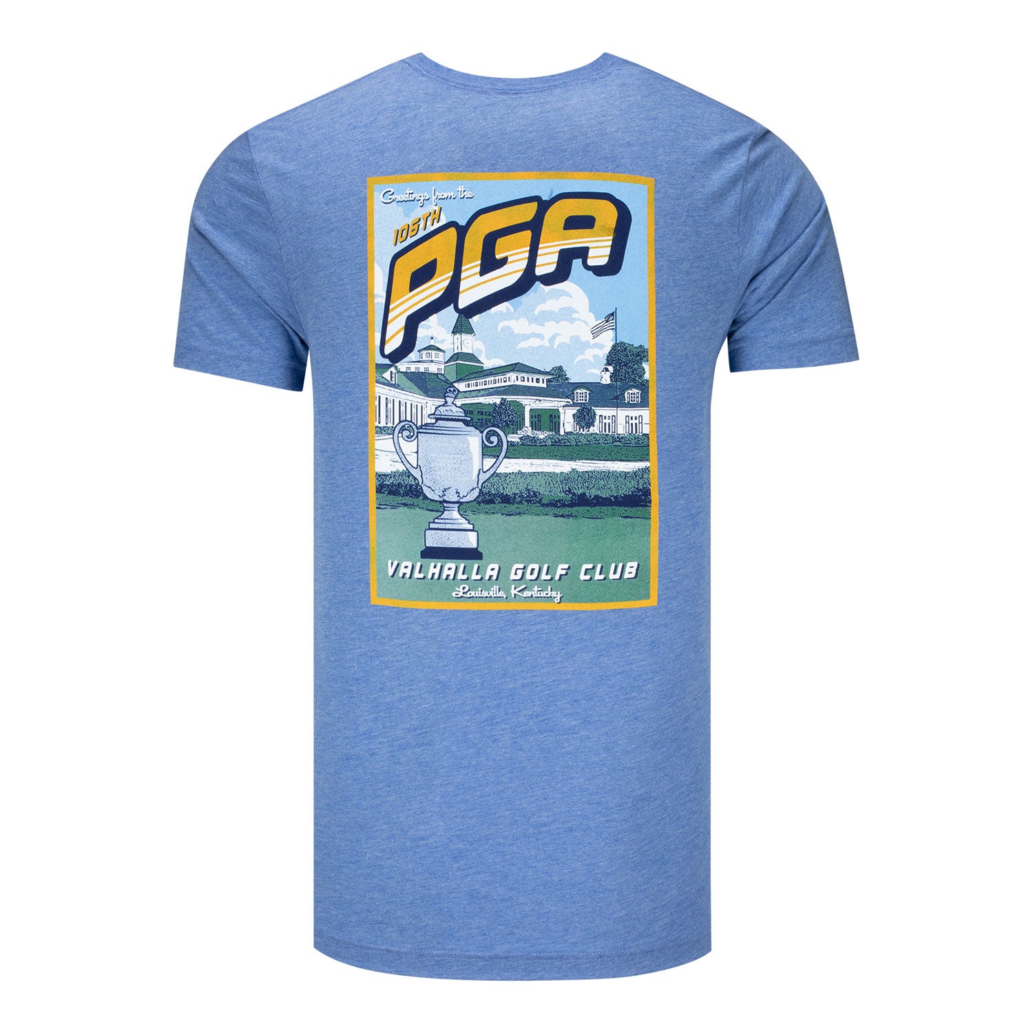 Ahead 2024 PGA Championship Valhalla Travel Poster Triblend T-Shirt in Heather Blue - Back View