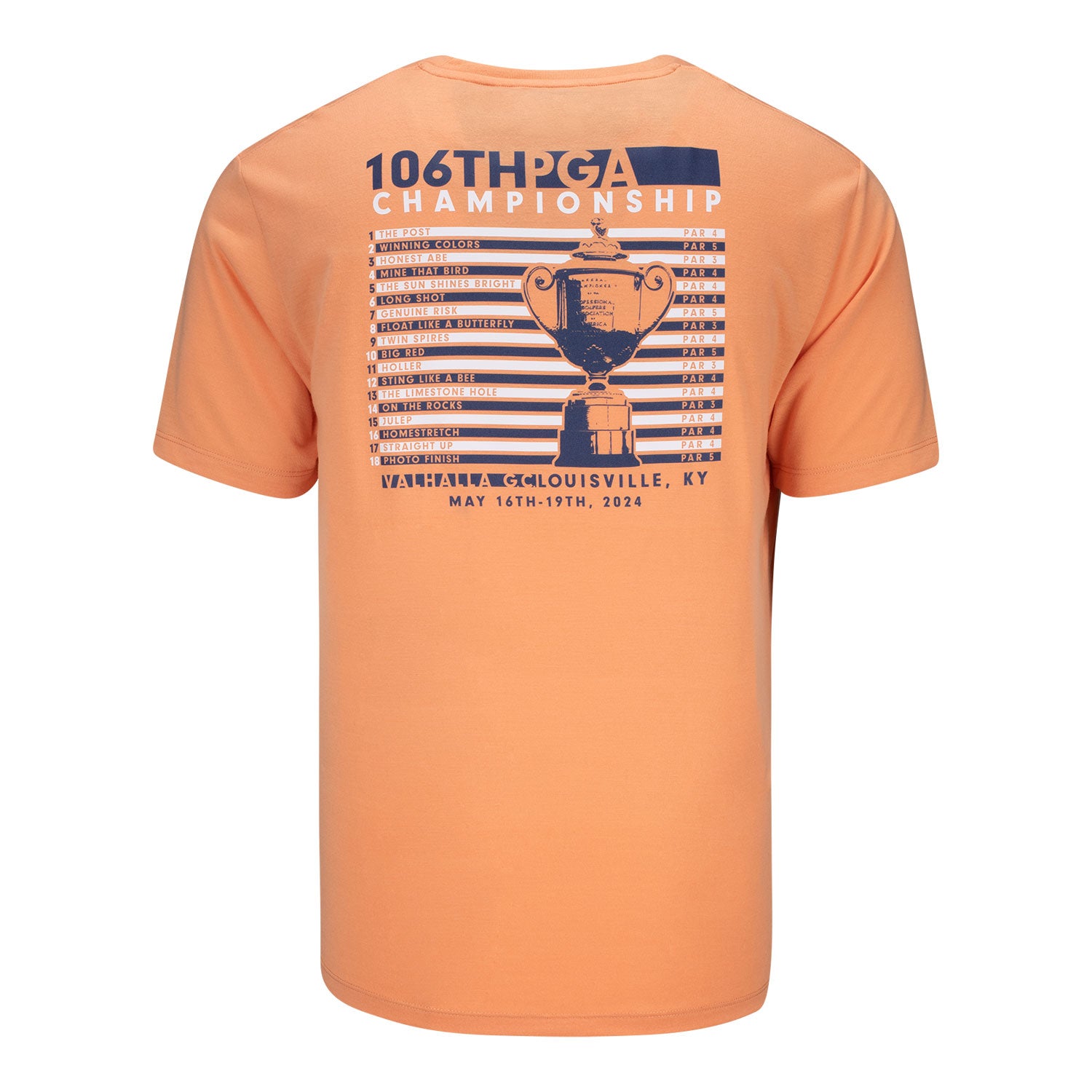 Ahead 2024 PGA Championship Name of Holes T-Shirt in Terracotta - Back View