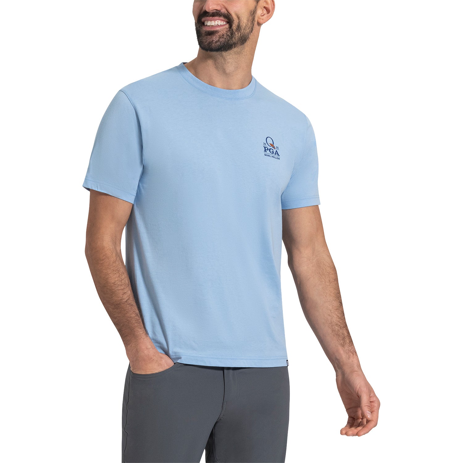 FootJoy 2025 PGA Championship Checkered Flag T-Shirt in Light Blue - Modeled Back View Close Up