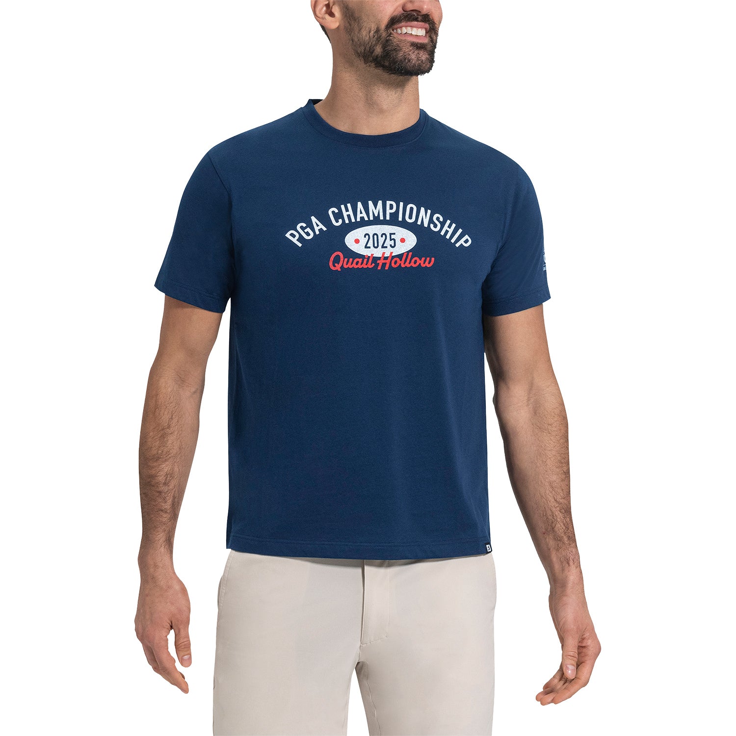 FootJoy 2025 PGA Championship Quail Hollow Varsity T-Shirt in Navy - Modeled Front View