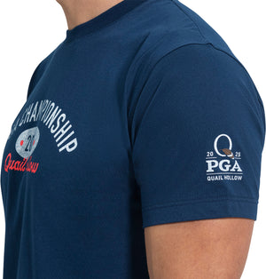 FootJoy 2025 PGA Championship Quail Hollow Varsity T-Shirt in Navy - Modeled Left Sleeve Close Up