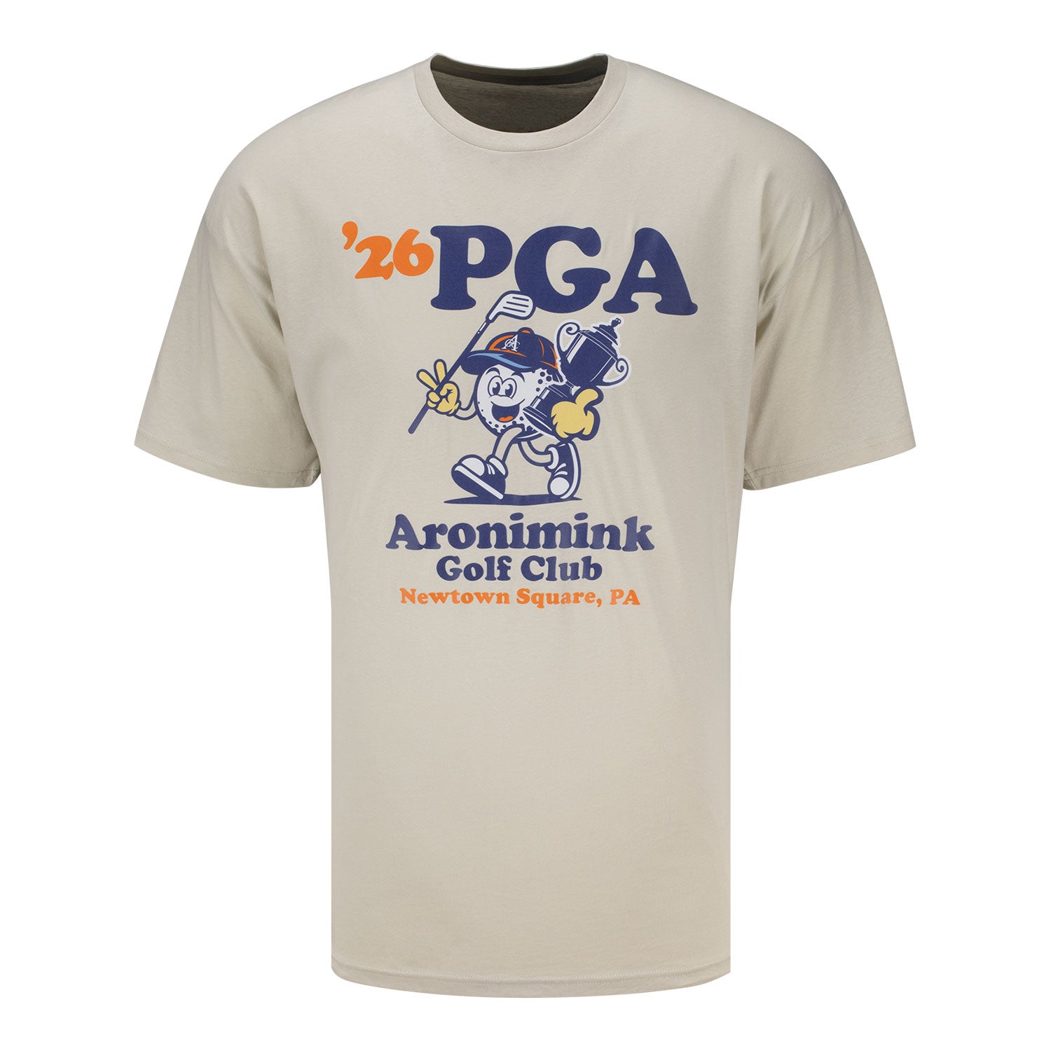 Ahead 2026 PGA Championship Golf Ball Cartoon T-Shirt in Bone Beige - Front View