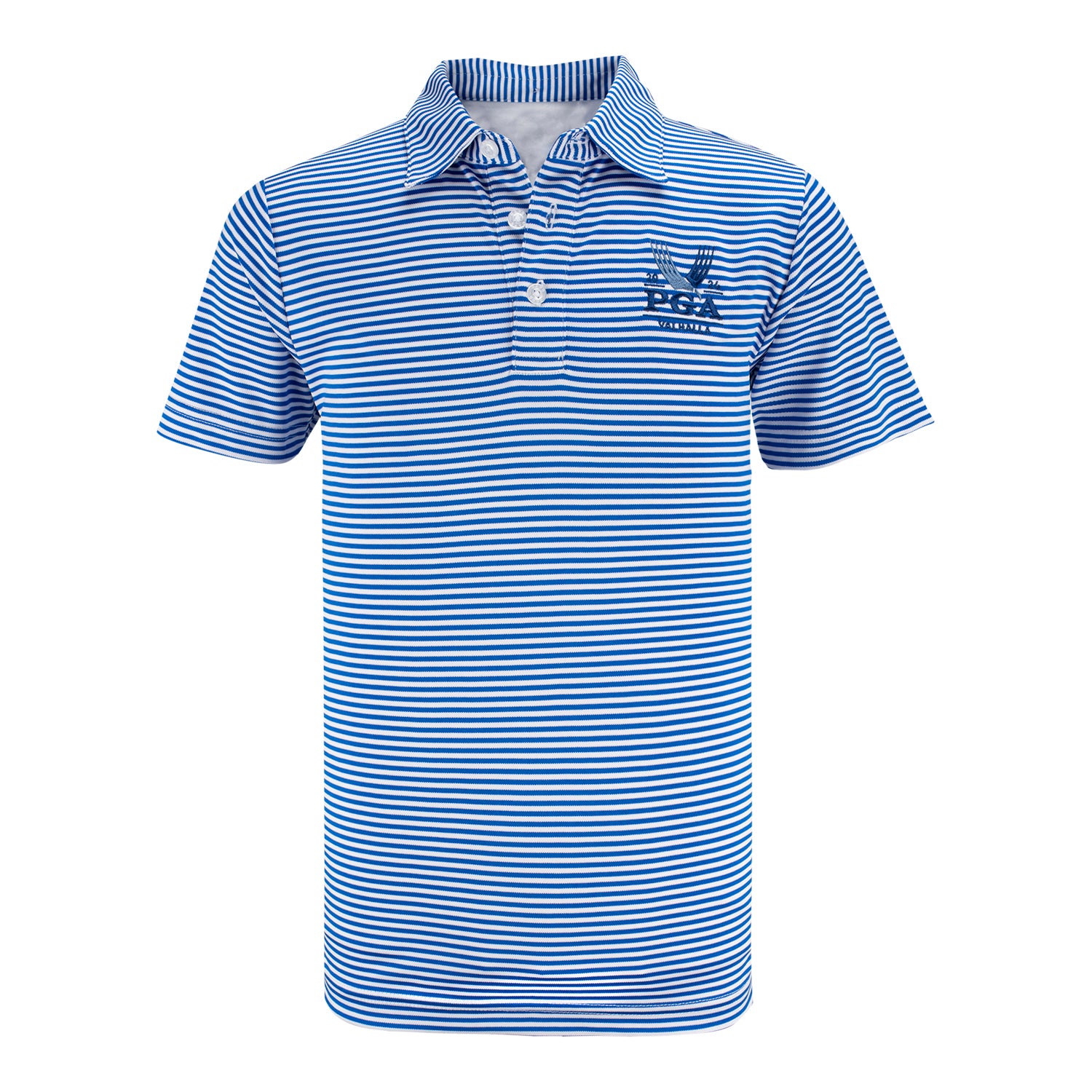 Garb 2024 PGA Championship Youth Short Sleeve Polo in Royal Stripe - Front View