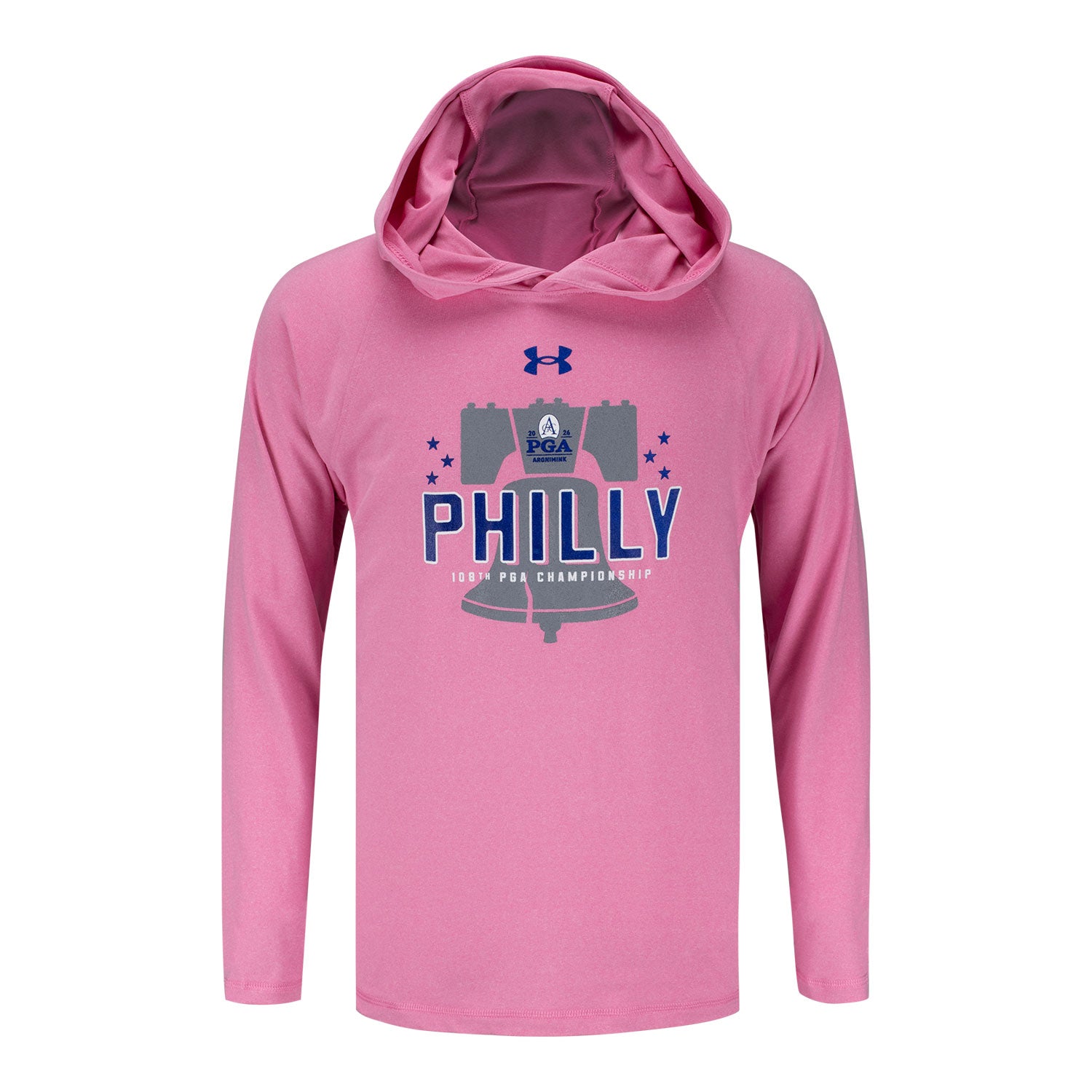 Under Armour 2026 PGA Championship Youth Tech Stretch Long Sleeve Hoodie in Pink - Front View