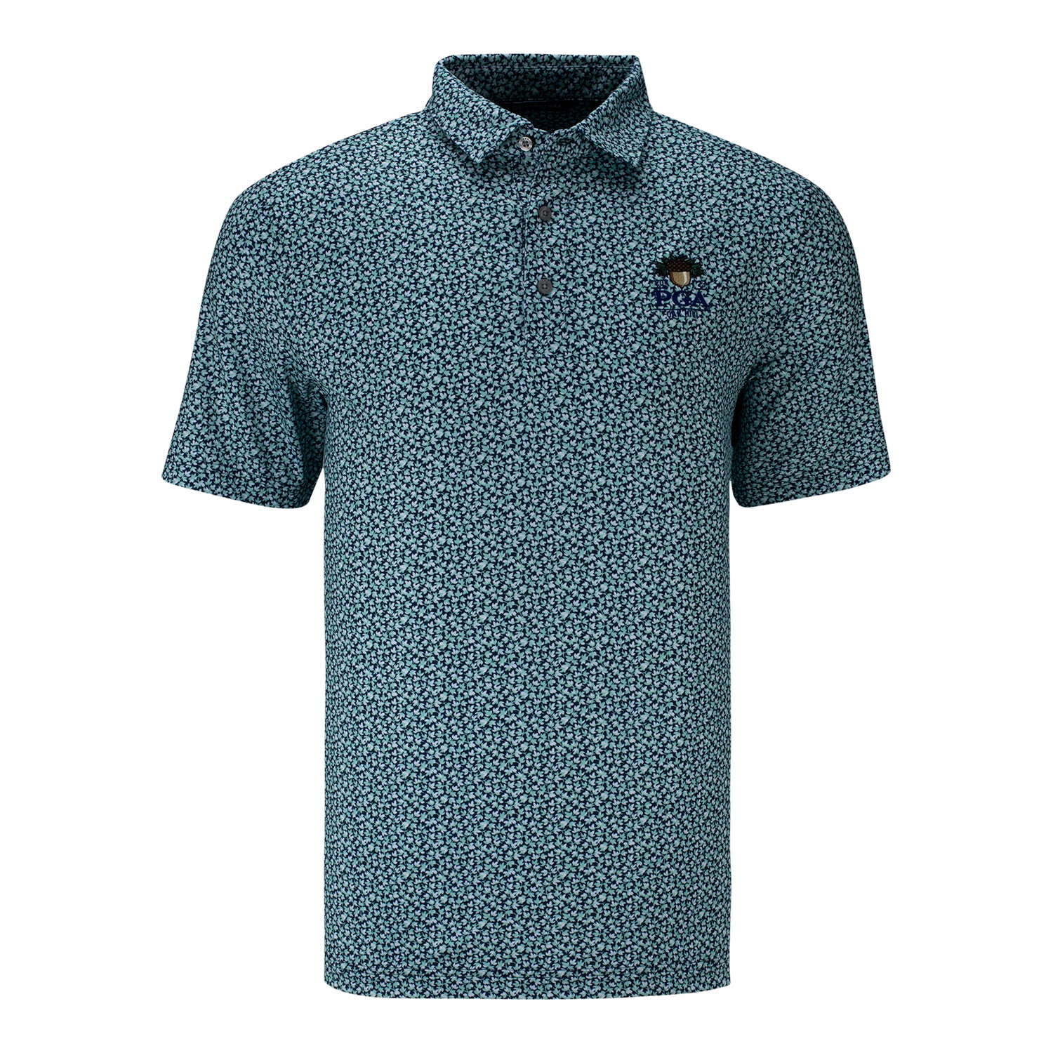 Cutter & Buck 2023 PGA Championship Pike Print Magnolia Polo in Green Blue- Front View
